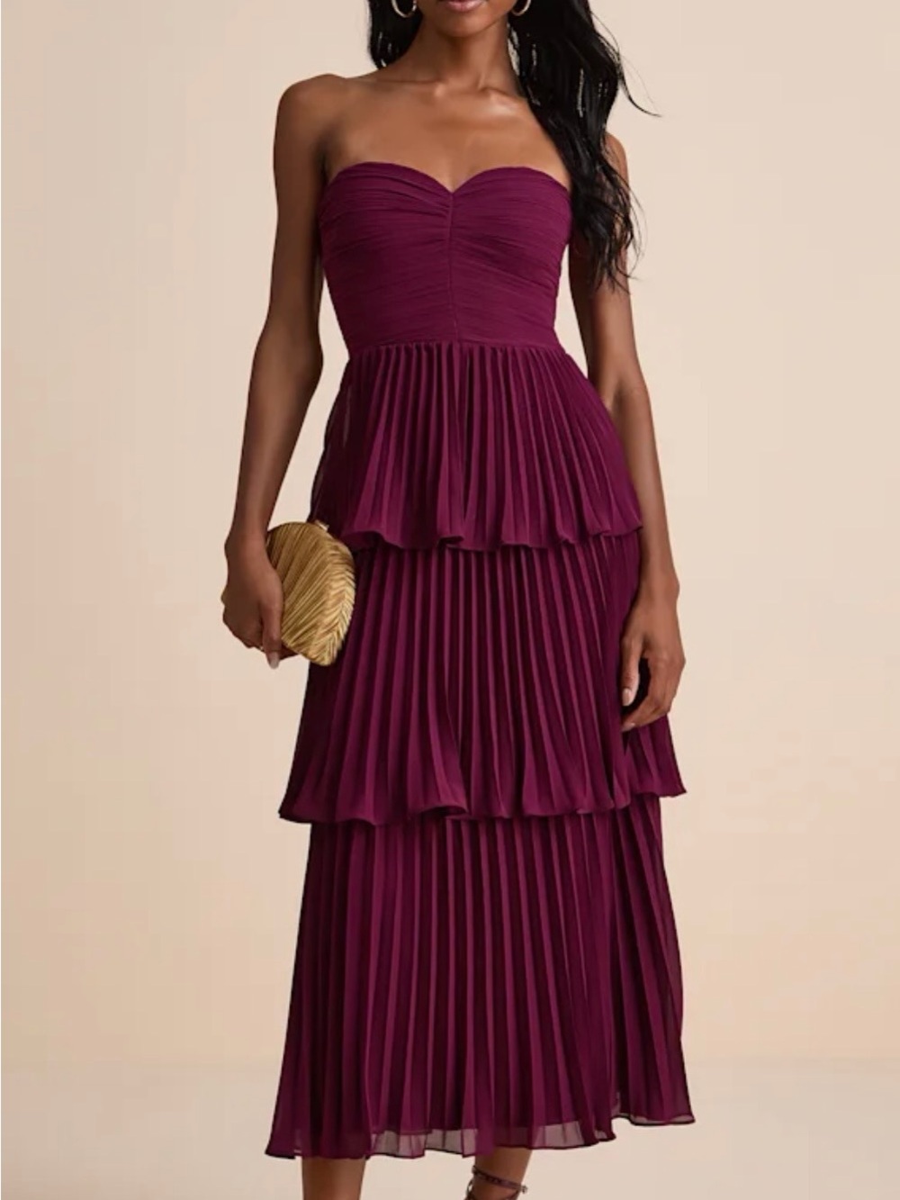 Lulu's Strapless Tiered Pleated Maxi Dress in Plum